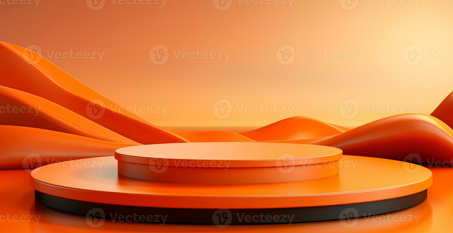 AI generated Empty podium pedestal, orange background stand for product, goods. Shelf with product advertising - AI generated image photo