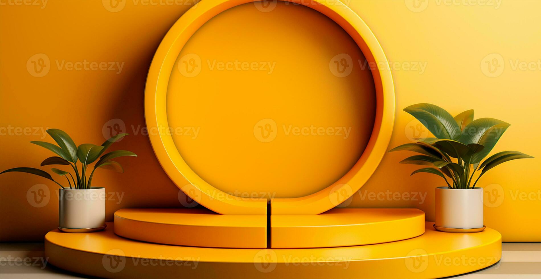 AI generated Empty podium pedestal, yellow background stand for product, goods. Shelf with product advertising - AI generated image photo