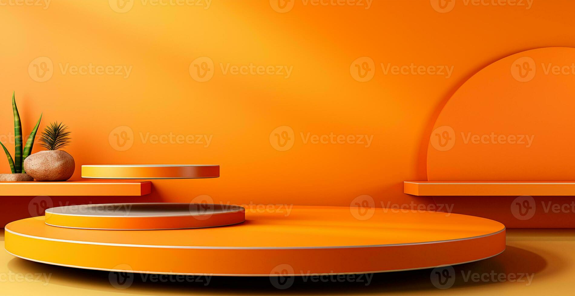 AI generated Empty podium pedestal, orange background stand for product, goods. Shelf with product advertising - AI generated image photo