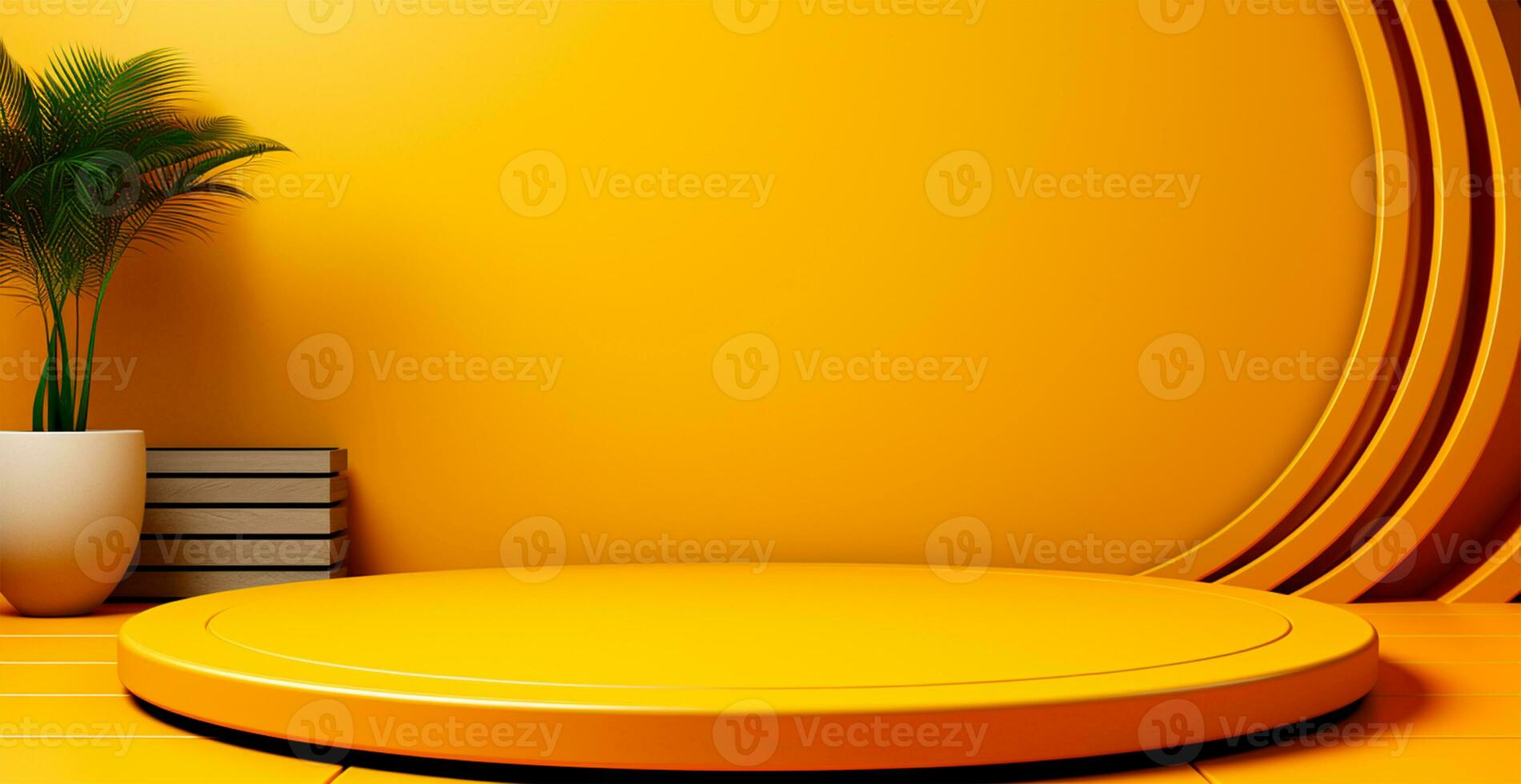 AI generated Empty podium pedestal, yellow background stand for product, goods. Shelf with product advertising - AI generated image photo