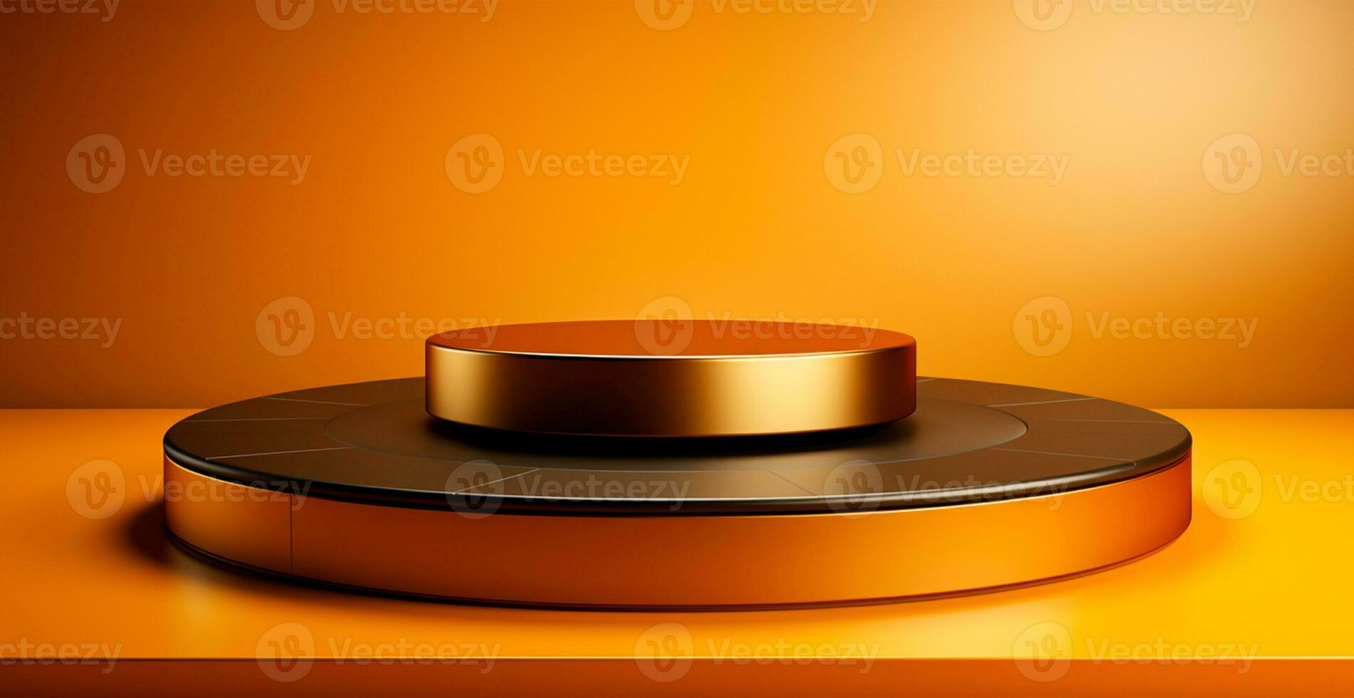 AI generated Empty podium pedestal, golden background stand for product, goods. Shelf with product advertising - AI generated image photo