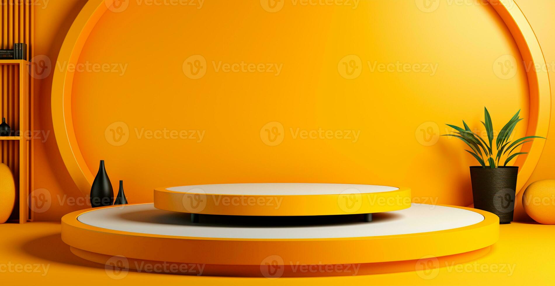 AI generated Empty podium pedestal, yellow background stand for product, goods. Shelf with product advertising - AI generated image photo