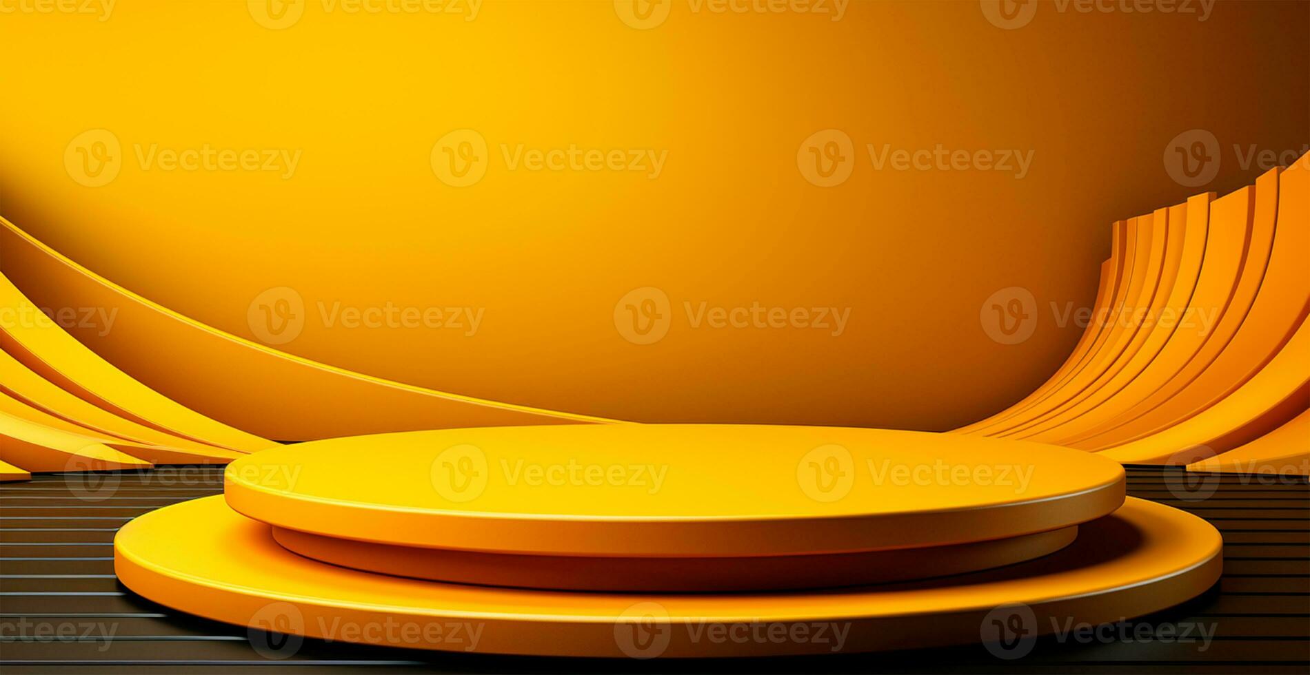 AI generated Empty podium pedestal, yellow background stand for product, goods. Shelf with product advertising - AI generated image photo
