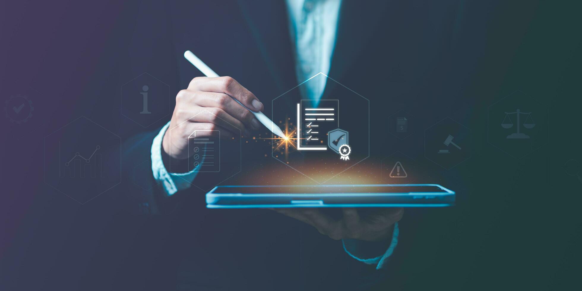 Businessman checking steps through document with a list of checkboxes ,regulation ,practices and policies ,Terms and conditions ,Examination of ethical rules ,Evaluate quality and efficiency photo
