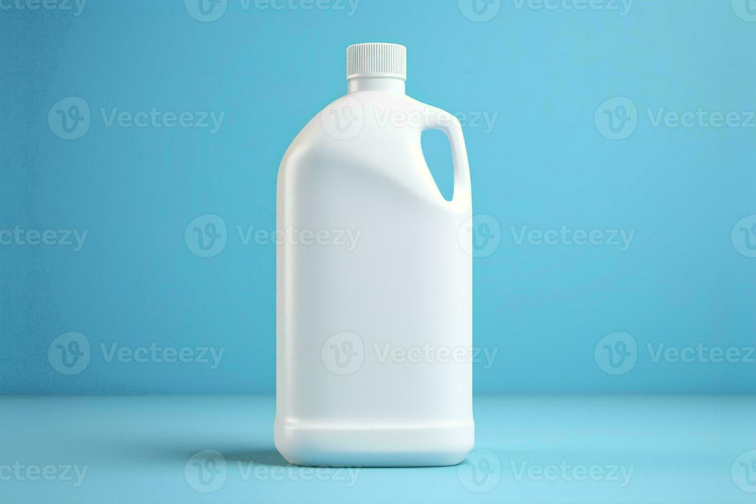AI generated Blank white detergent bottle mockup standing on blue background photo