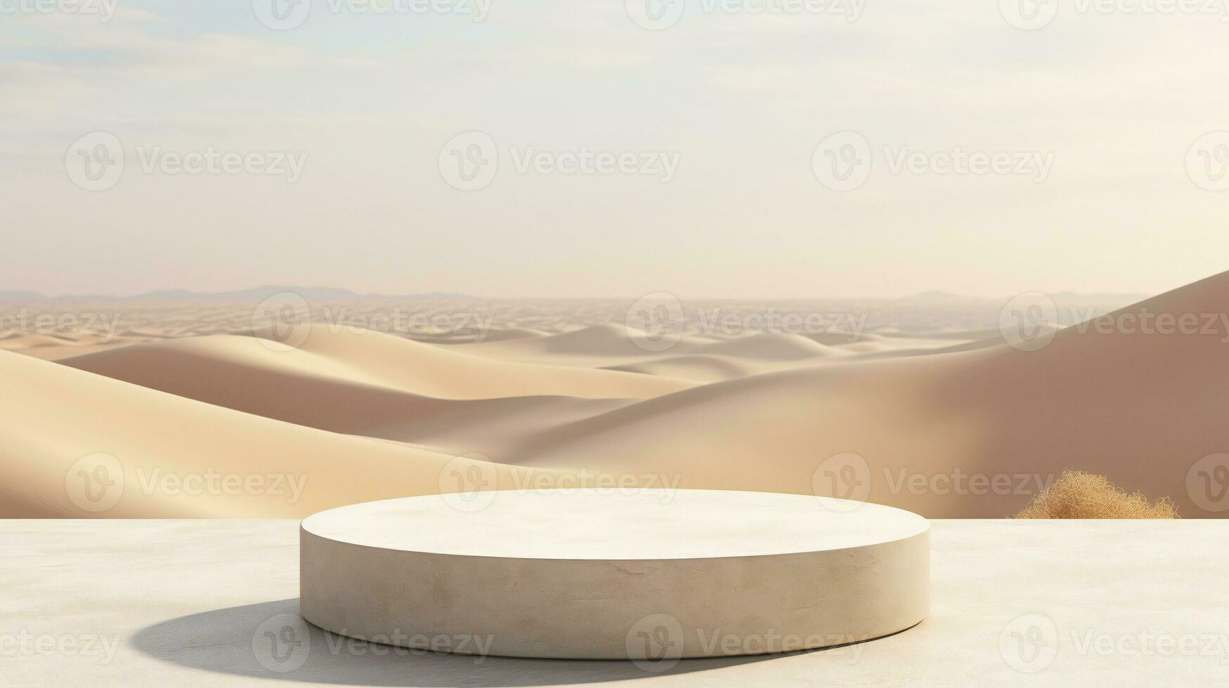 AI generated Cylinder marble podium on desert background. Empty podium for product display presentation photo
