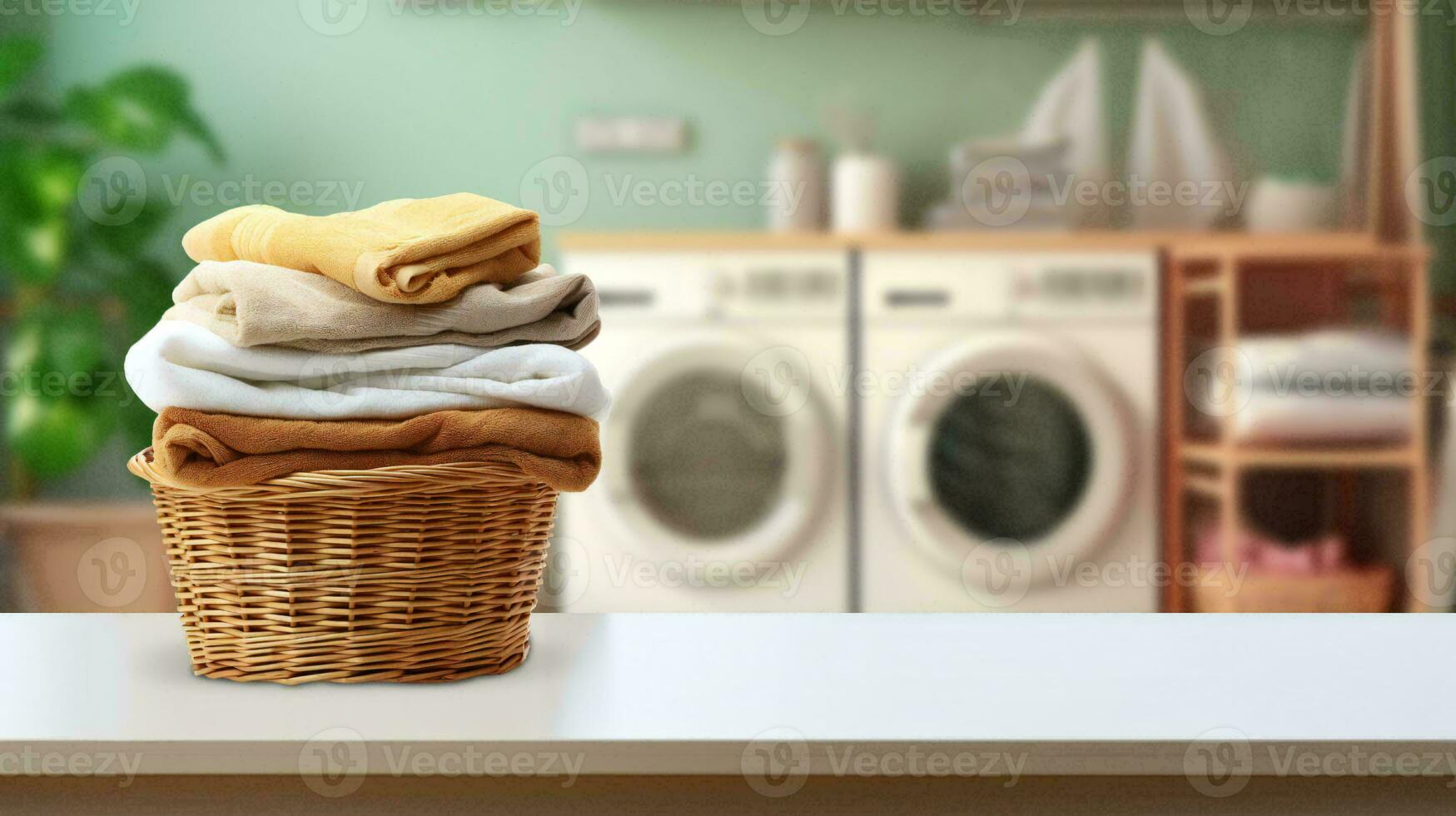 AI generated Wicker laundry basket with towels on white table top in laundry room photo