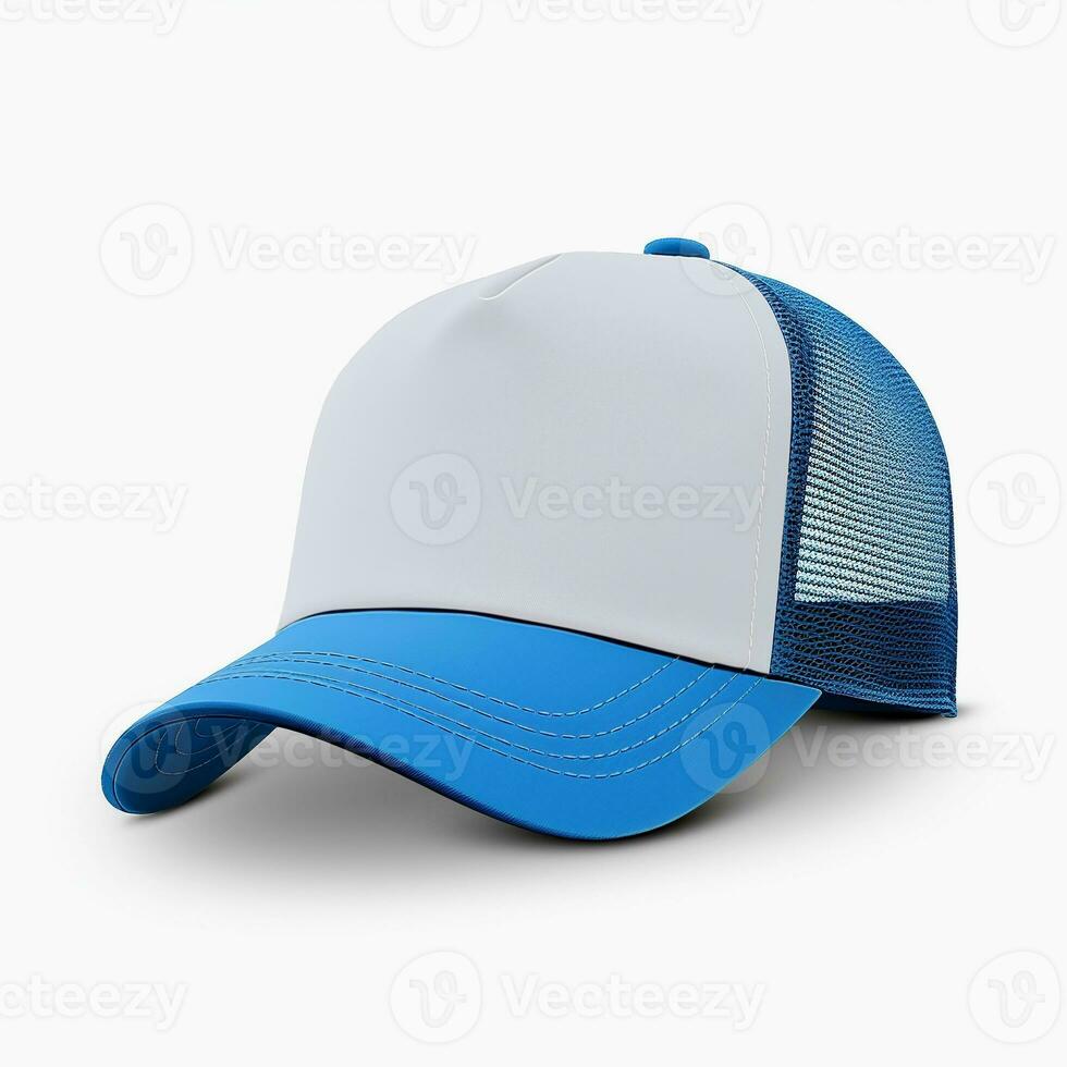 AI generated Blue and white trucker hat mockup, front side view photo