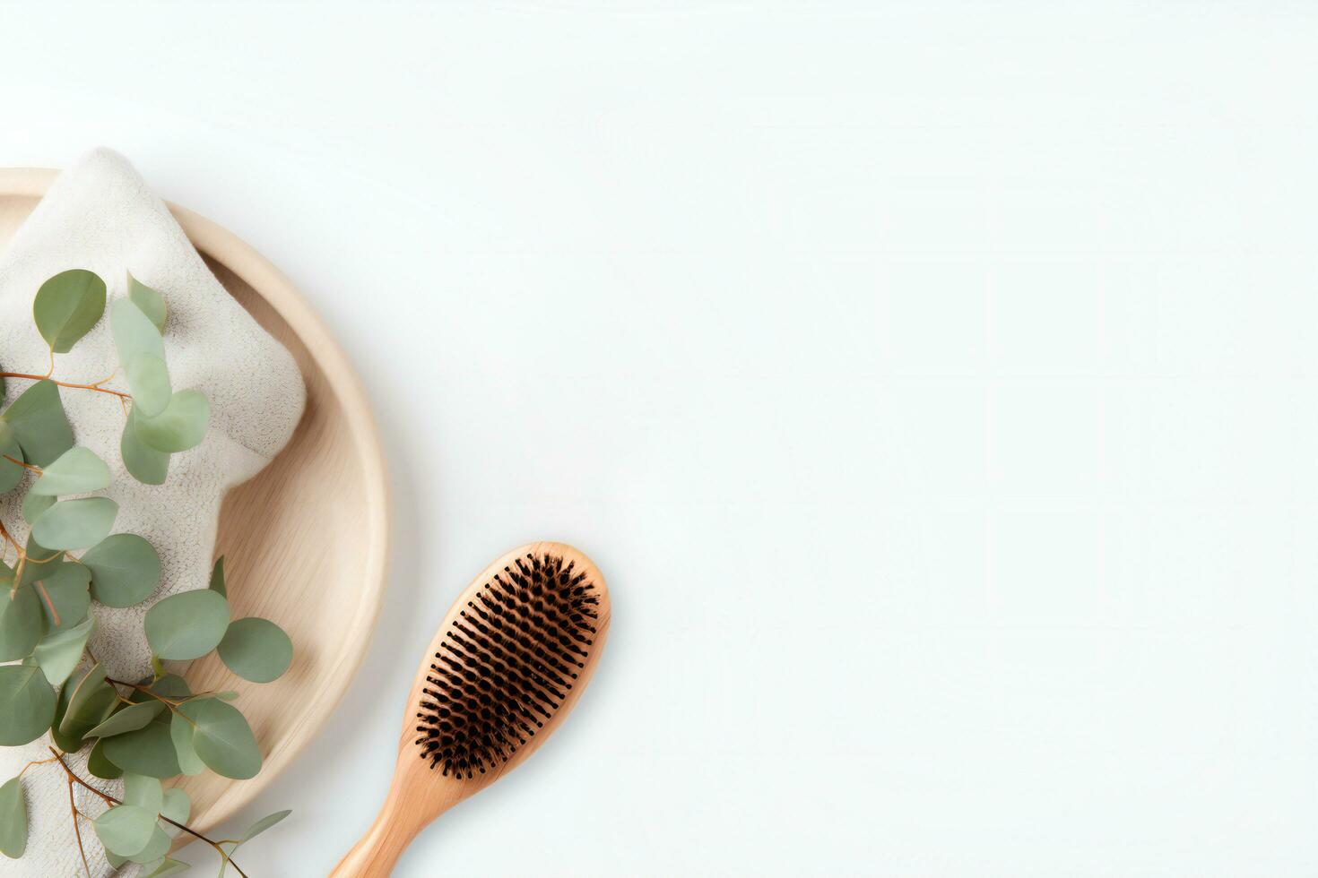 AI generated Wooden hair brush with tray and towel on white background, copy space background for your design photo