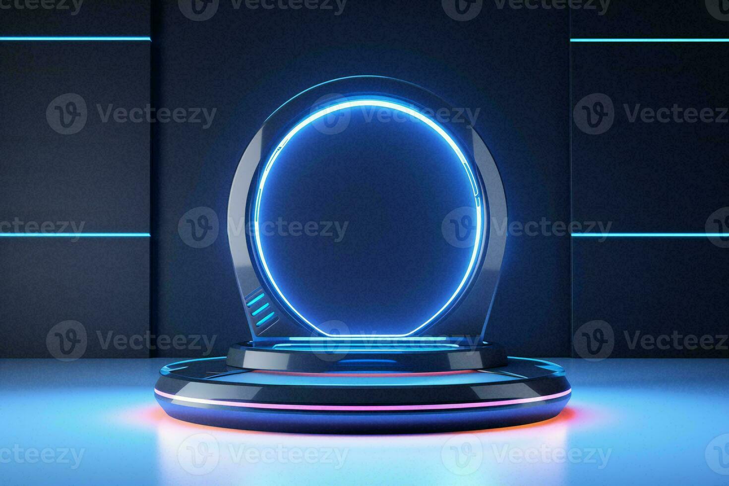 AI generated Futuristic sci-fi podium stage. Can be used for display your product in futuristic cyberpunk style photo
