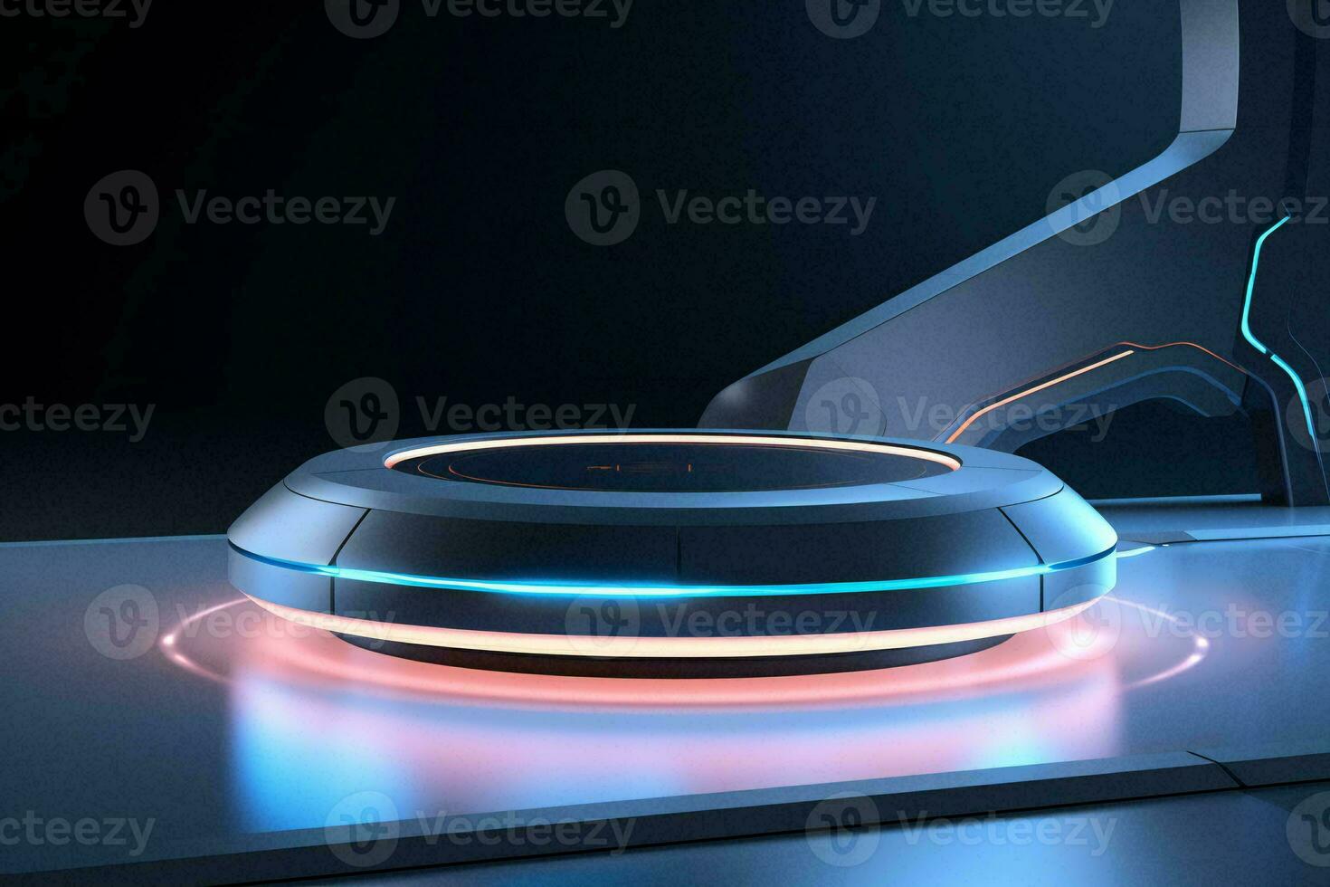 AI generated Futuristic modern podium with neon light. Sci-fi concept photo