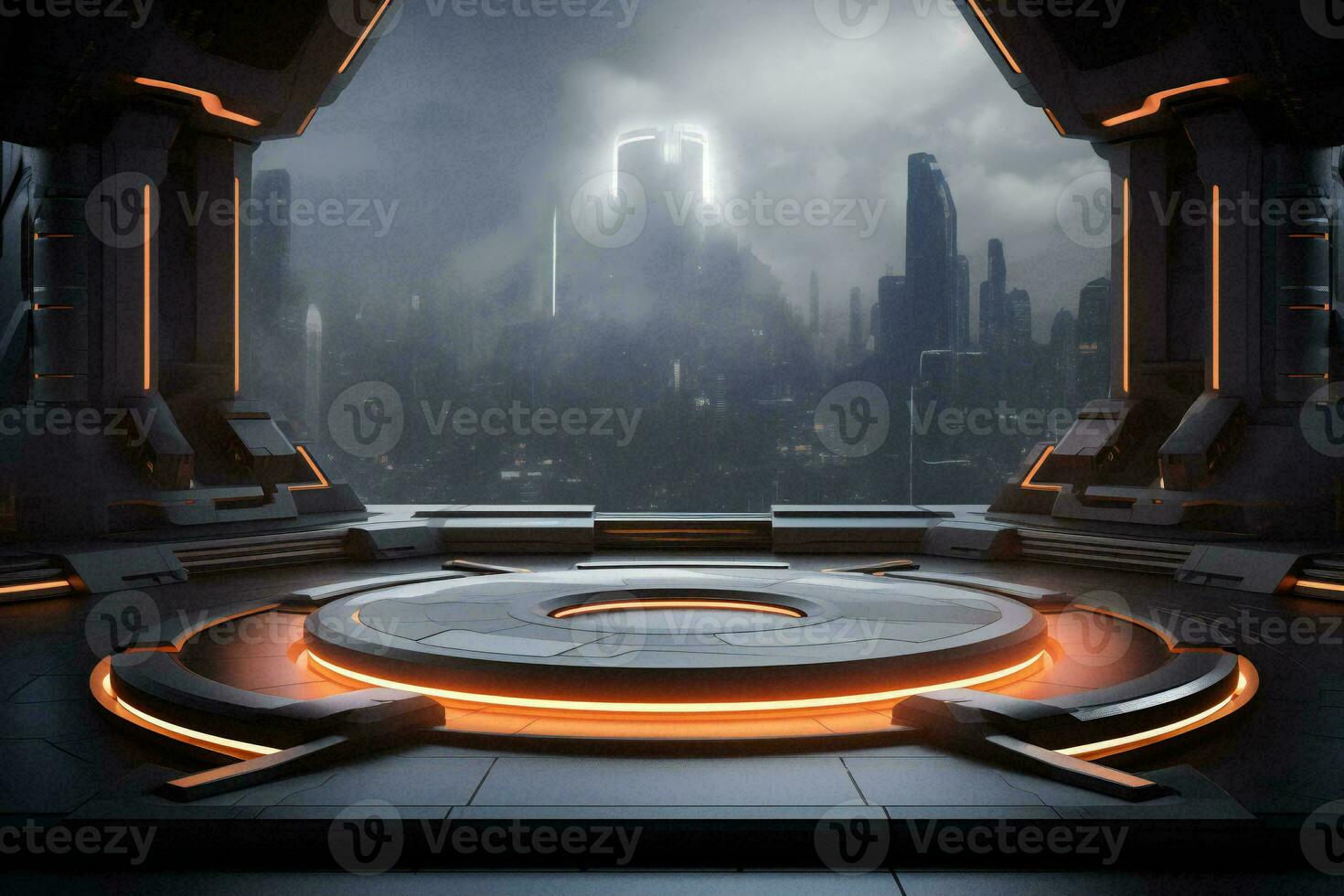 AI generated Futuristic hall room with orange neon light on cityscape background, Sci-Fi concept photo