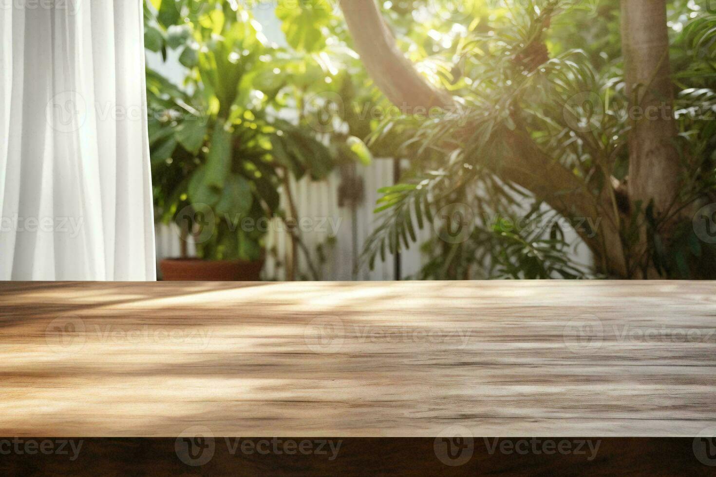 AI generated Empty wooden table with white curtain and backyard background. Empty table for product display photo