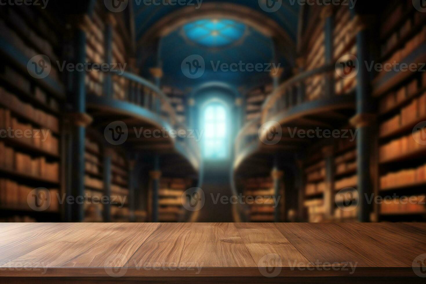 AI generated Empty wooden table top for product display with library background photo