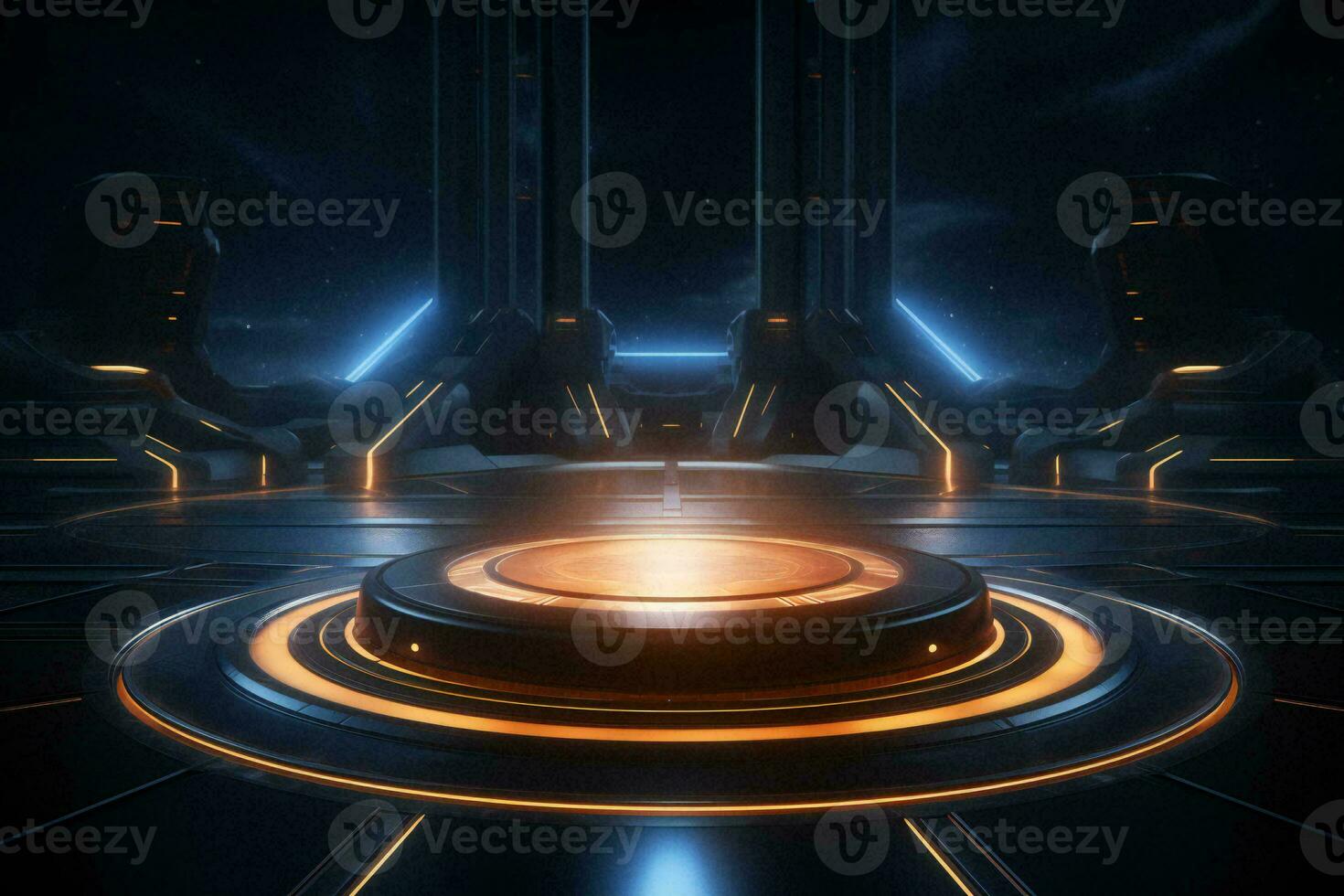 AI generated Futuristic podium platfom with neon light. Spaceship hall concept photo