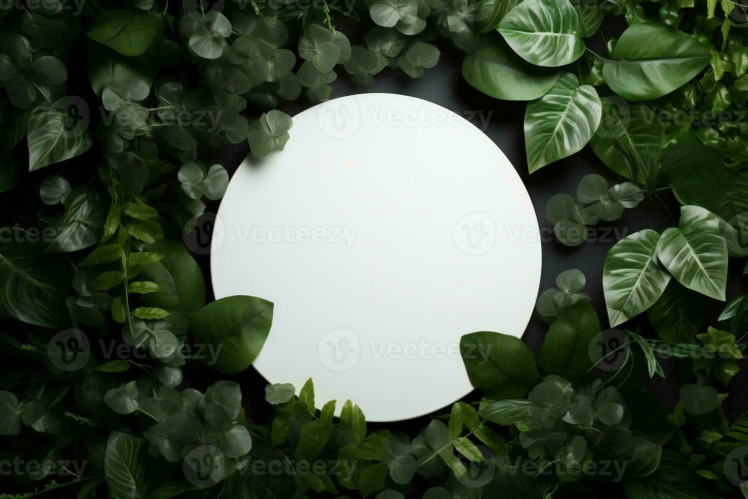 AI generated Round white podium surrounded by leaves. Top view podium for product display photo