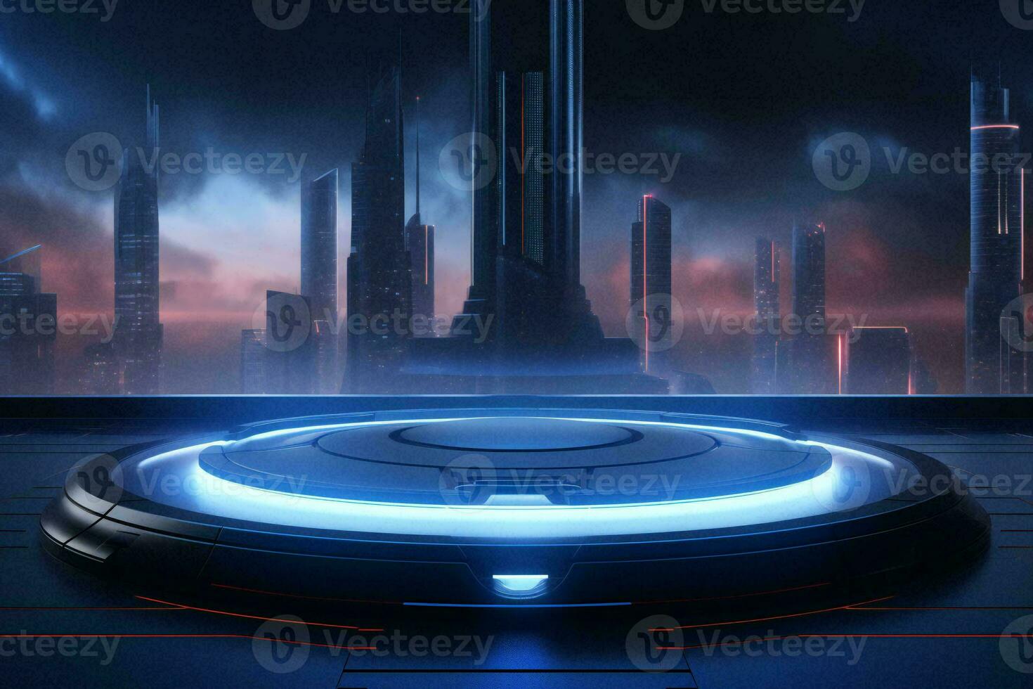 AI generated Futuristic podium platform with neon light and modern skyscraper background, Sci-fi concept photo
