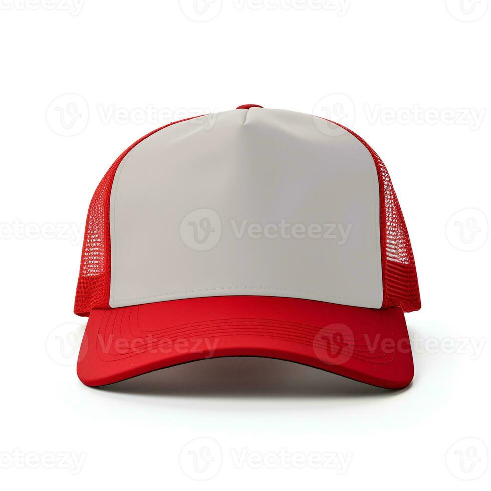 AI generated Red and white trucker hat mockup, Front view photo