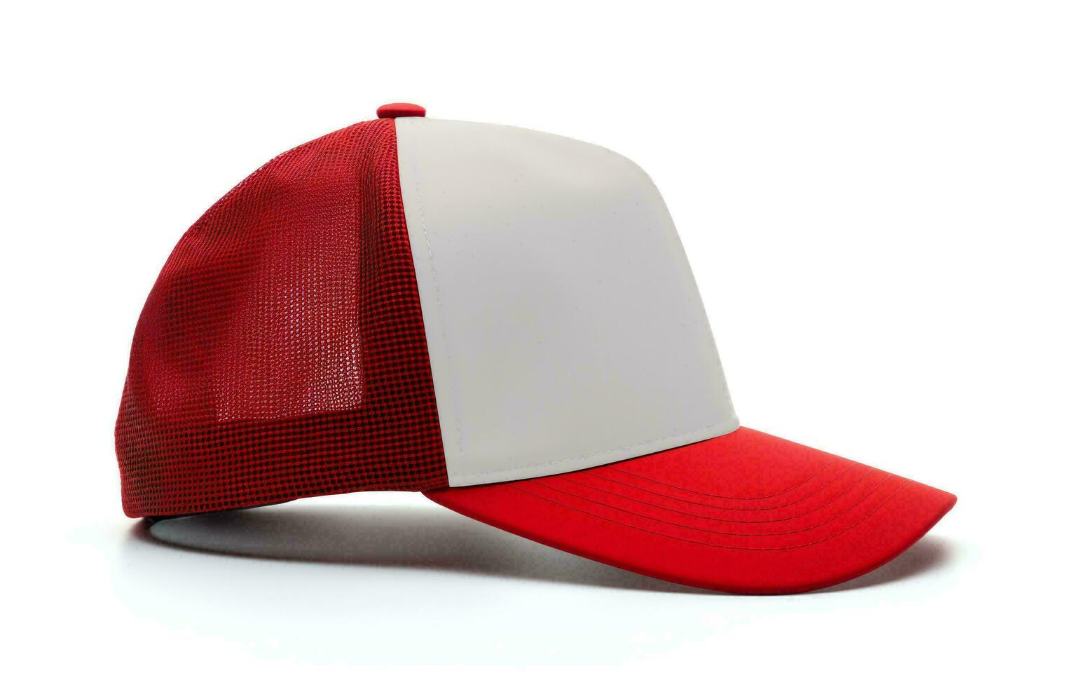 AI generated Red and white trucker hat mockup, Side view photo