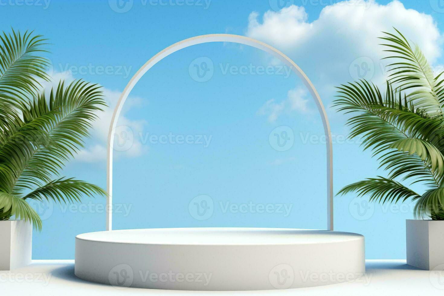 ai generado minimalista podio con palma hojas y cielo antecedentes. lata ser usado para monitor tu producto foto