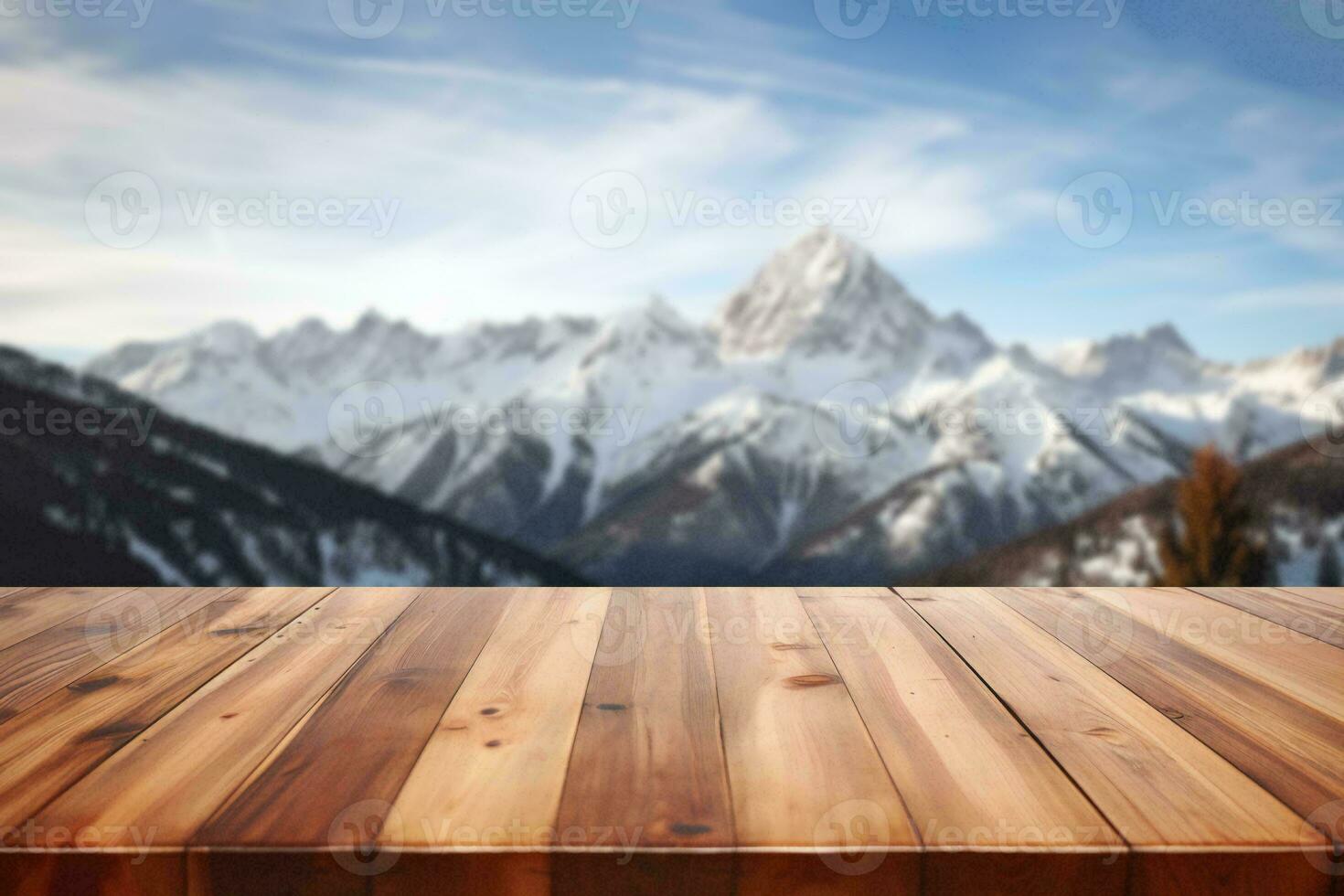 AI generated Empty wooden table with snow mountain background. Empty table for product display photo
