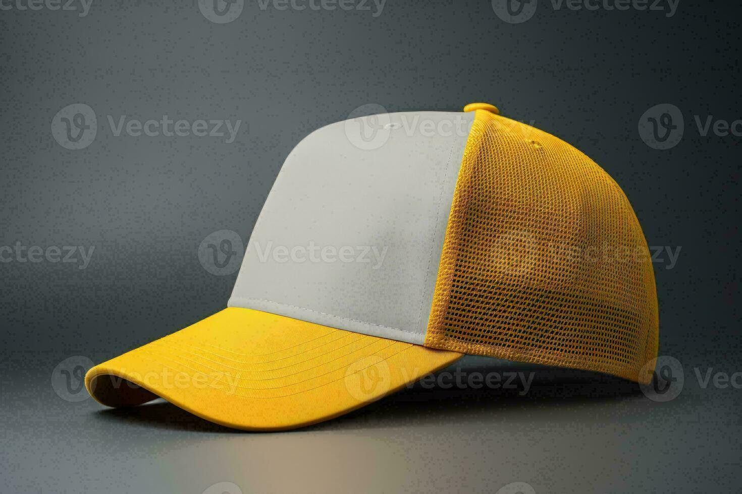 AI generated Yellow and white trucker hat mockup, side view photo