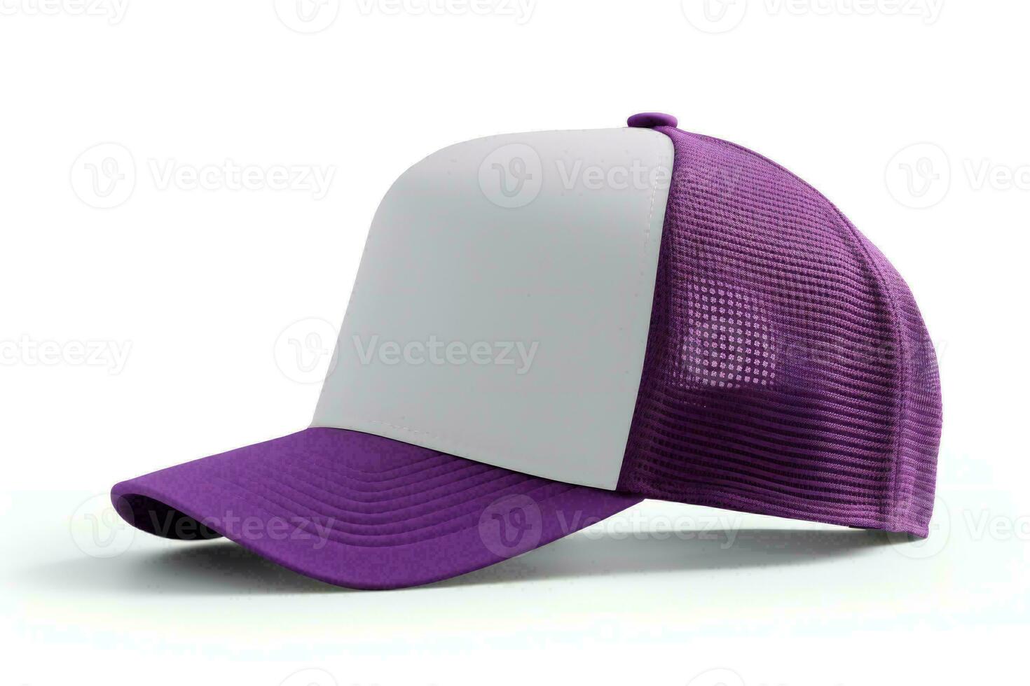 ai generado púrpura y blanco camionero sombrero Bosquejo, lado ver foto