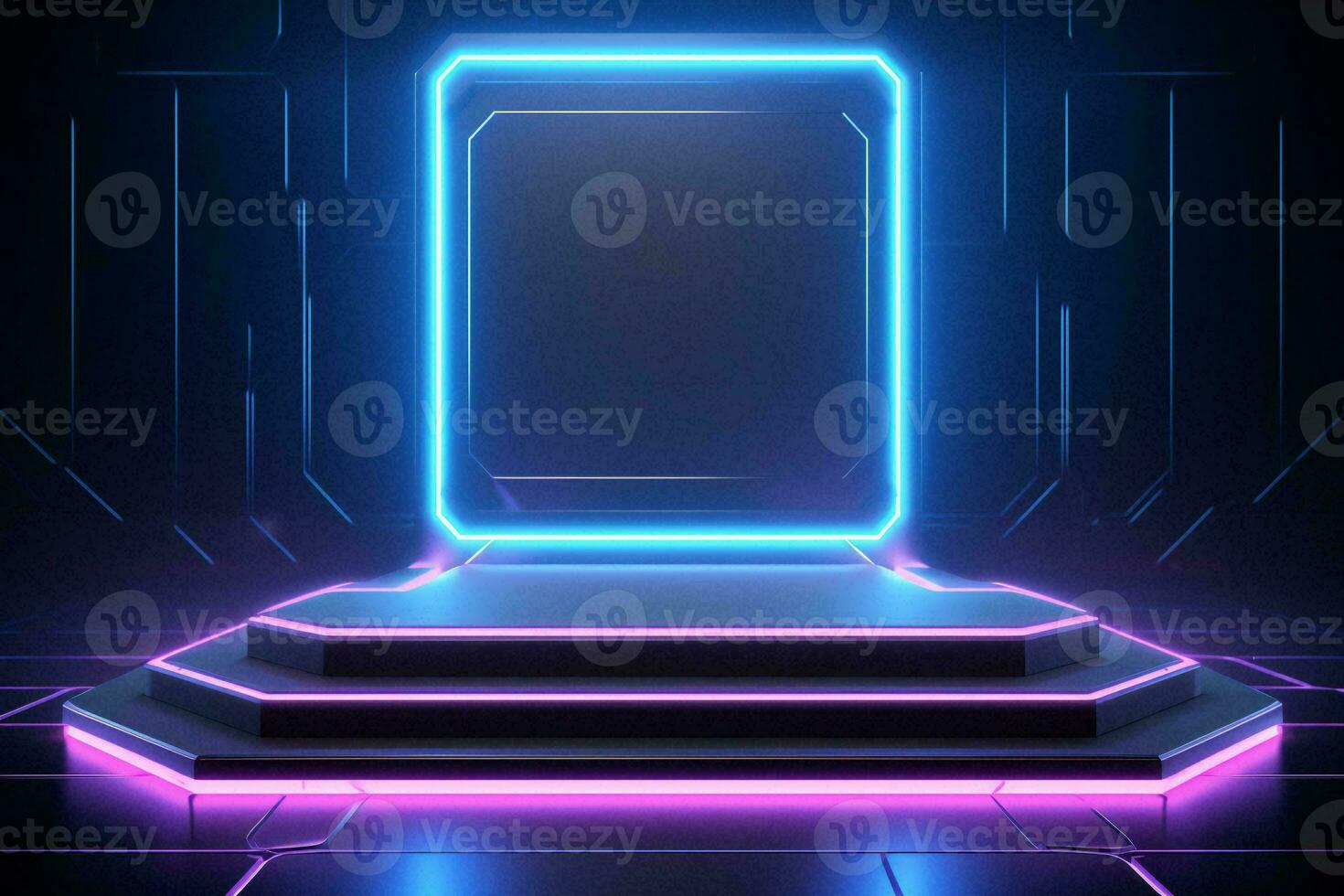 AI generated Futuristic podium stage for product presentation with neon light, Sci-Fi cyberpunk concept photo