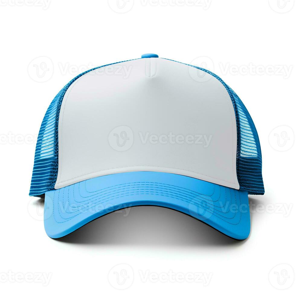 AI generated Blue and white trucker hat mockup, front view photo