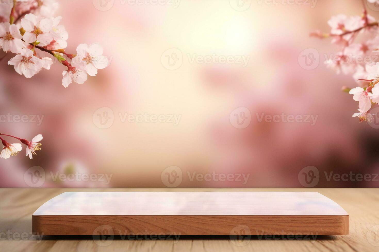 AI generated Rectangle podium with cherry blossom on blurred background. Podium platform for product display photo