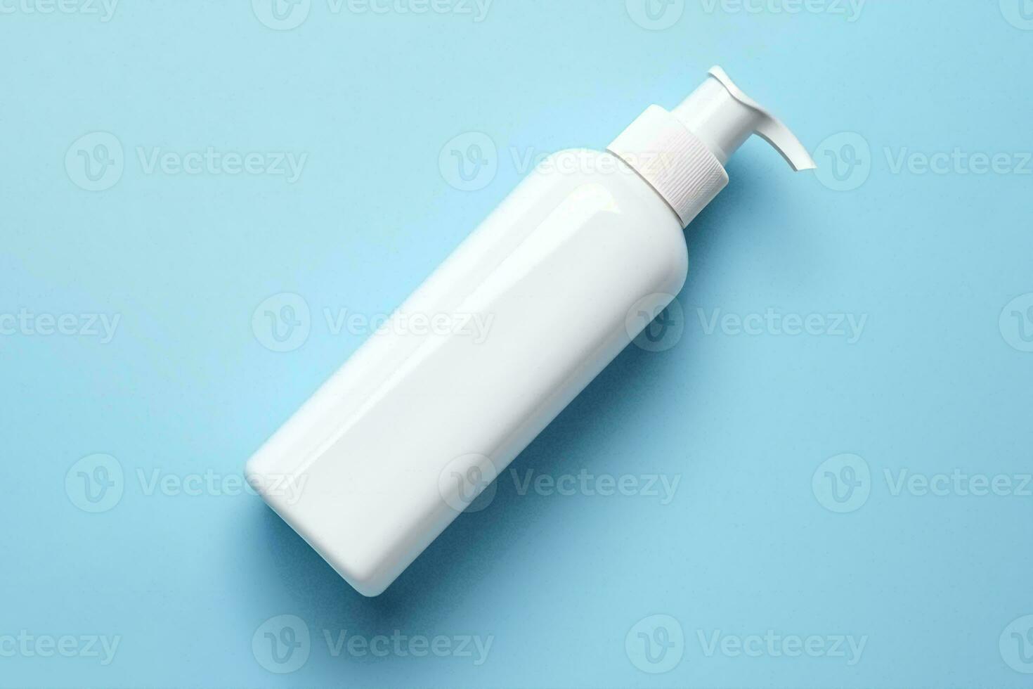 AI generated Blank white soap dispenser bottle mockup on blue background. Top view photo