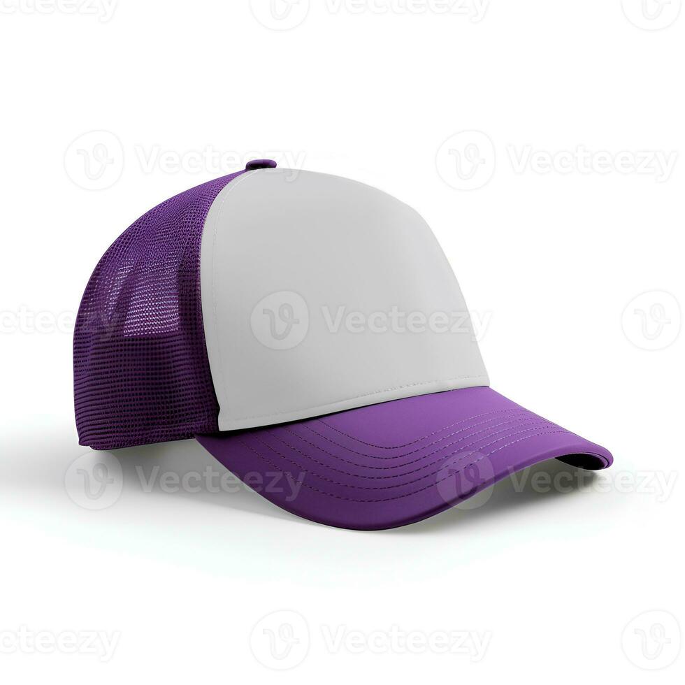 AI generated Purple and white trucker hat mockup, Front side view photo