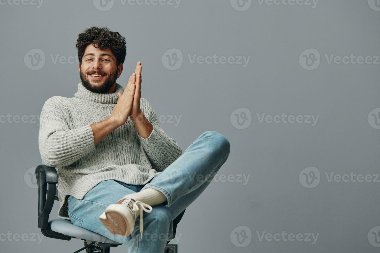 Young portrait looking white gesture cool casual confident person attractive happy beard guy photo