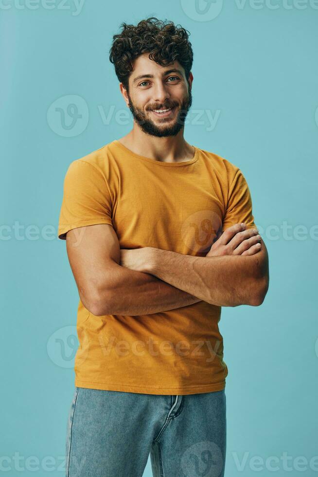 Beard portrait person confidence studio caucasian men fashionable young positive casual background photo