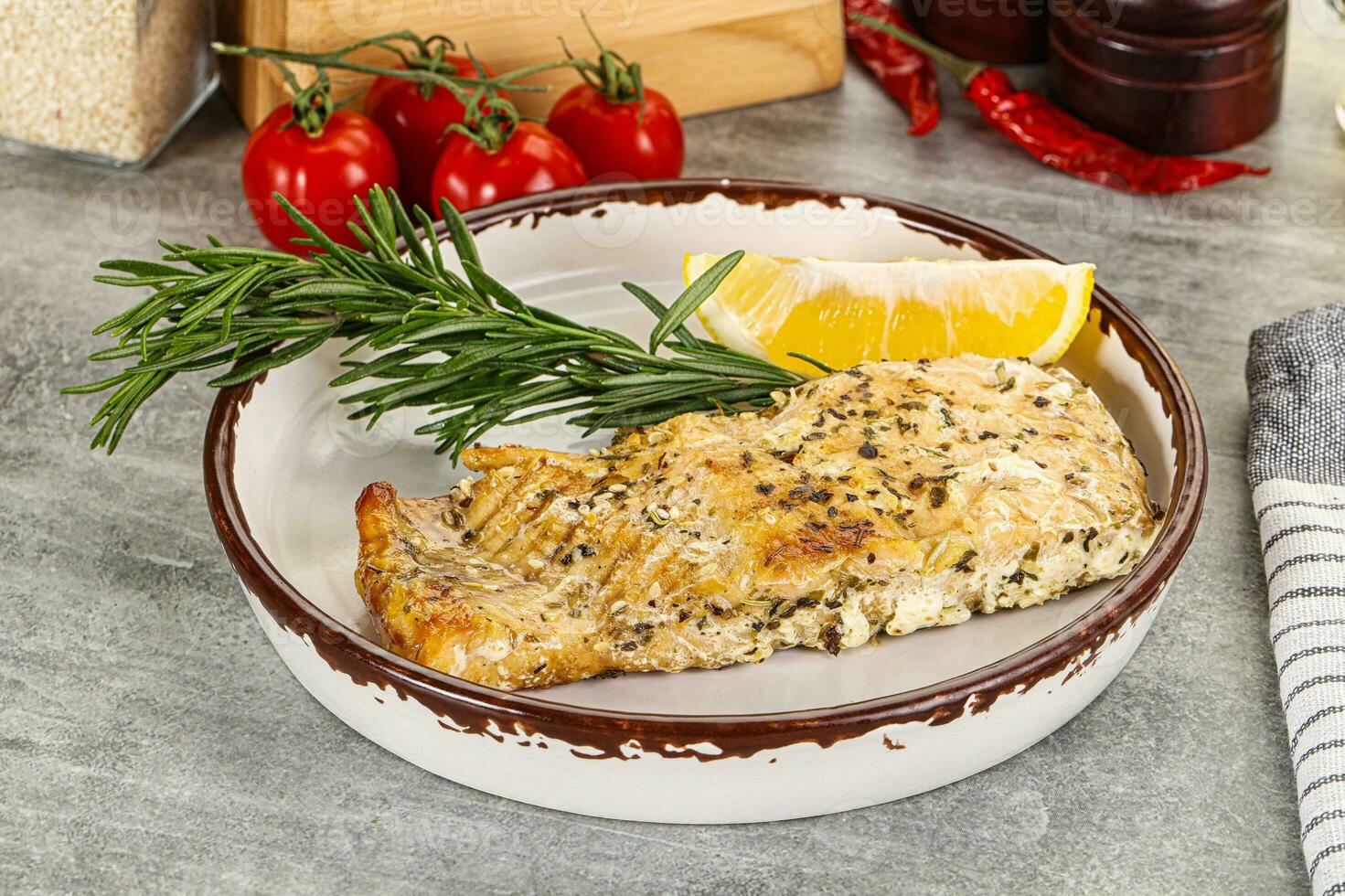 Baked salmon fish served rosemary photo