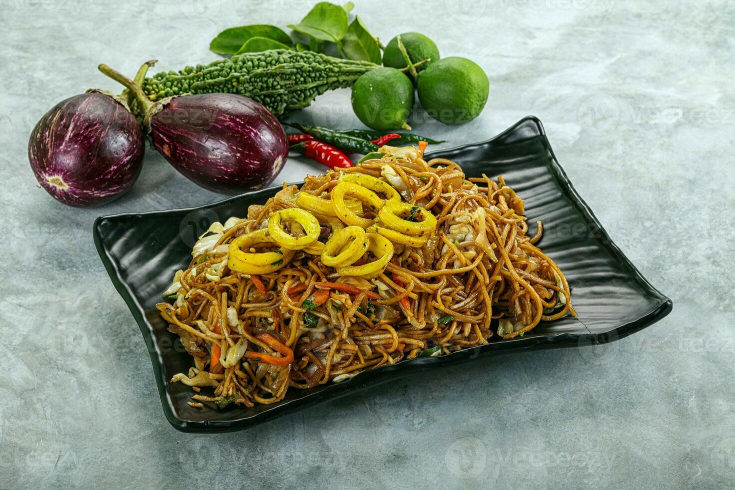 Stir fried noodles with squid photo