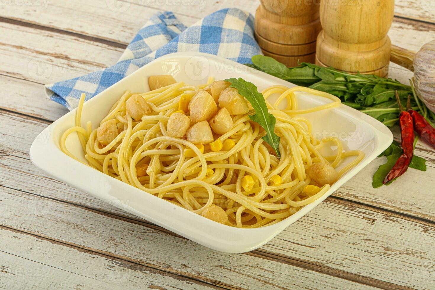 Delicous Pasta with scallop seafood photo