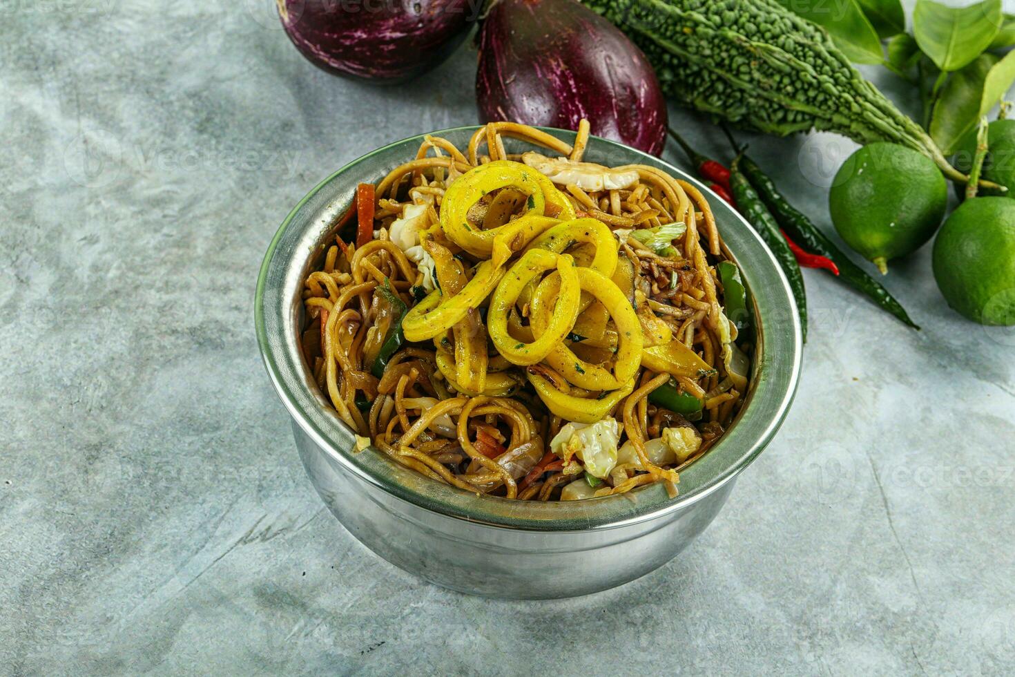 Stir fried noodles with squid photo