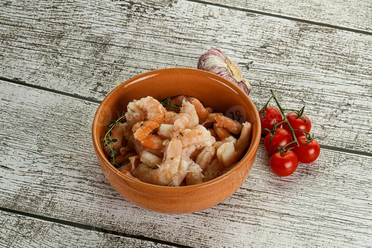 Raw peeled prawn in the bowl photo