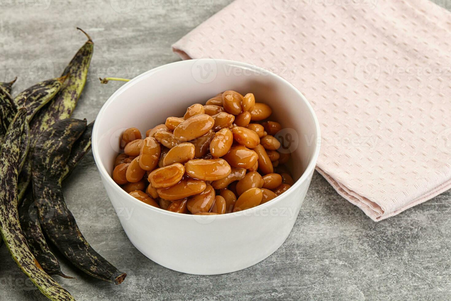 Canned white bean in tomato sauce photo