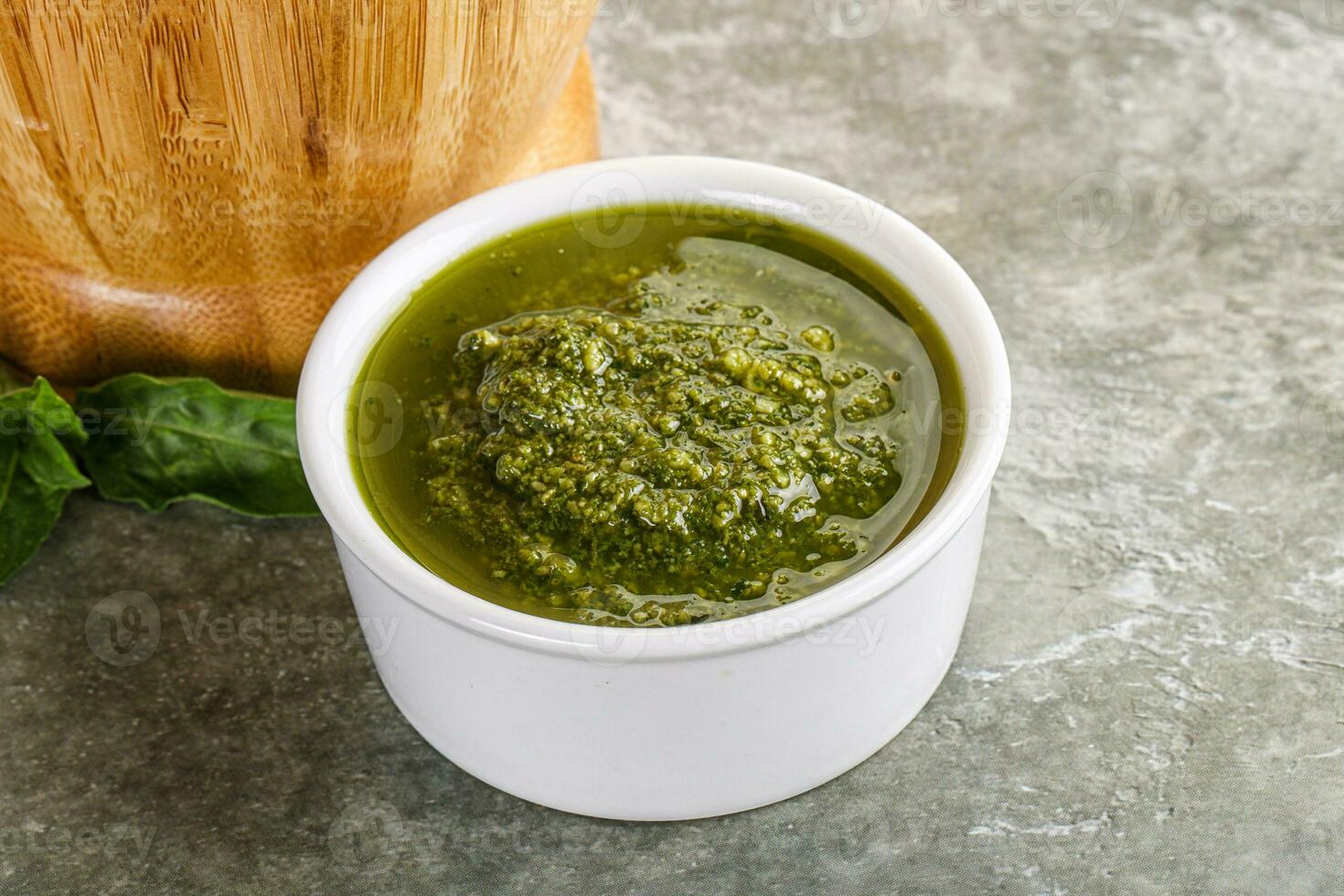 Homemade vegetarian basil pesto sauce photo