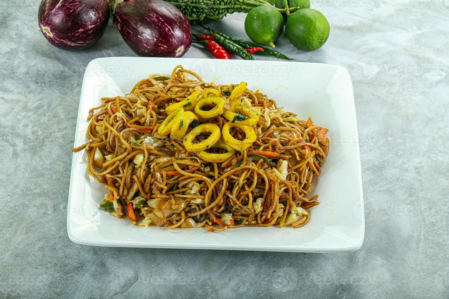 Stir fried noodles with squid photo