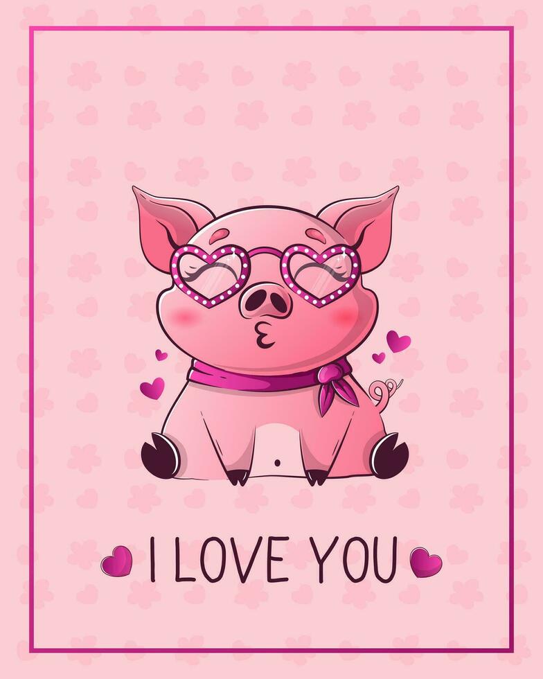 San Valentín día tarjeta con linda kawaii cerdo. inscripción yo amor tú. vector ilustración para bandera, póster, tarjeta, tarjeta postal.