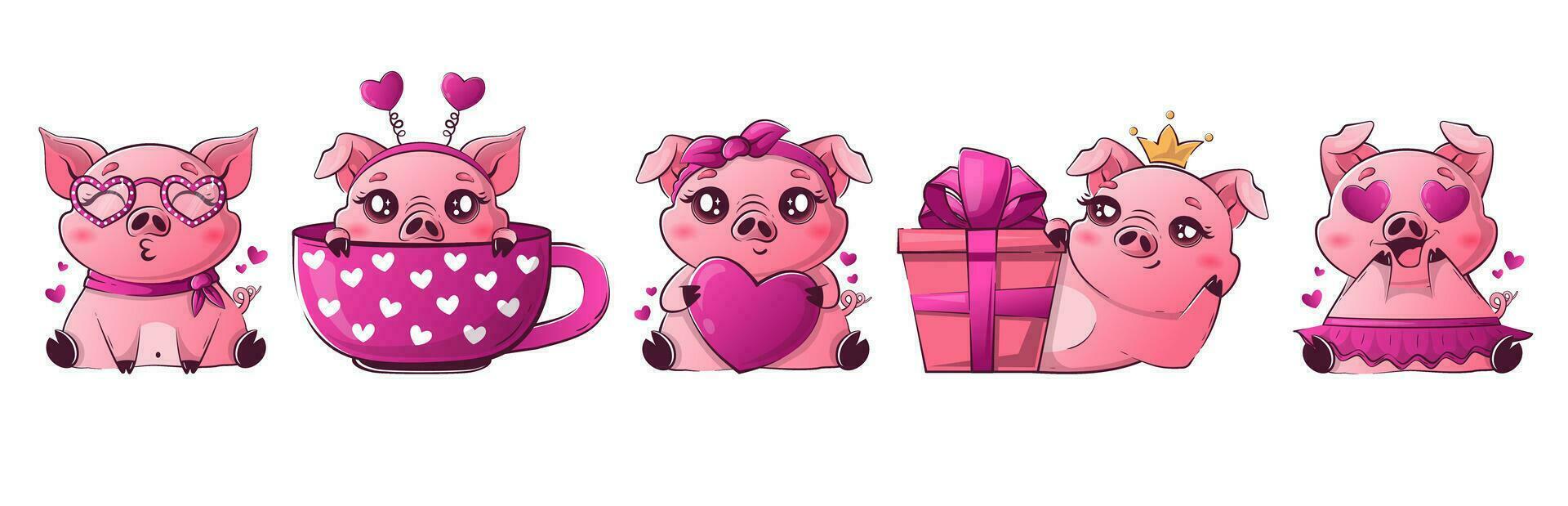 Set of Kawaii pig in love in different funny poses. Simple dynamic valentines character happy farm animal vector