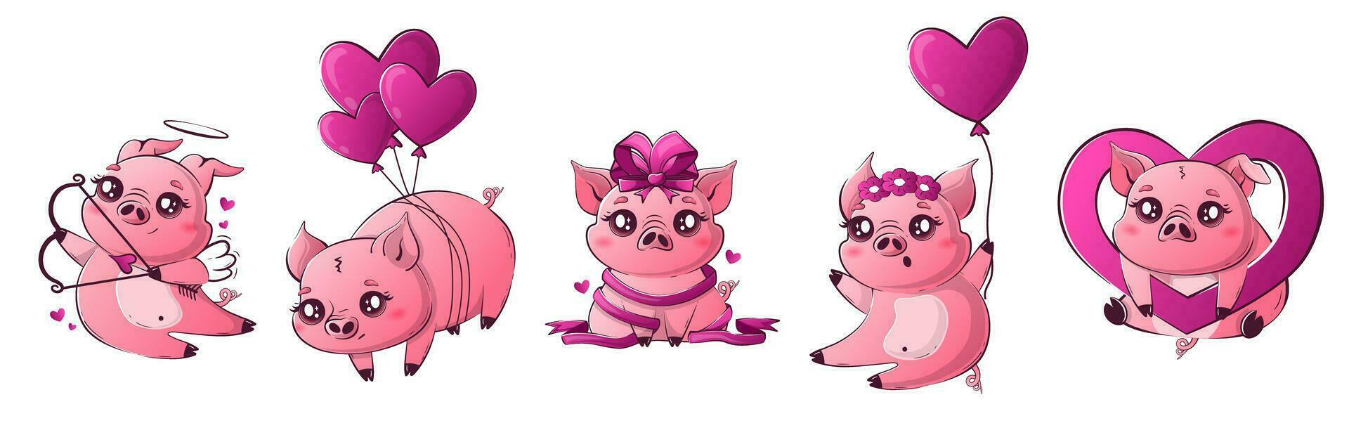 Set of Kawaii pig in love in different funny poses. Simple dynamic valentines character happy farm animal vector