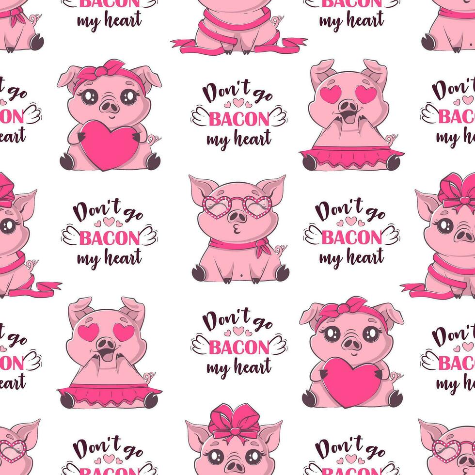 Seamless pattern with kawaii pig in love,  pun inscription. Valentine's day party, vacation, holiday concept.Vector illustration for product design, wallpaper, wrapping paper. vector