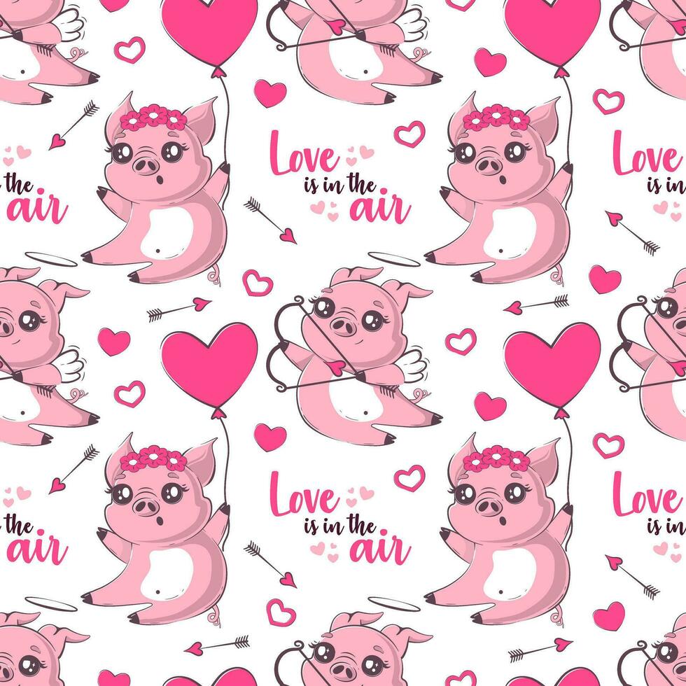 Seamless pattern with kawaii pig in love,  love is in the air  inscription. Valentine's day party, vacation, holiday concept.Vector illustration for product design, wallpaper, wrapping paper. vector