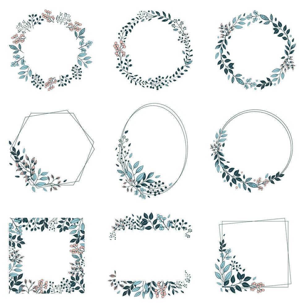 Set of vector botanical frames with leaves and berries. Floral border wreath for invitations, posters and wedding.