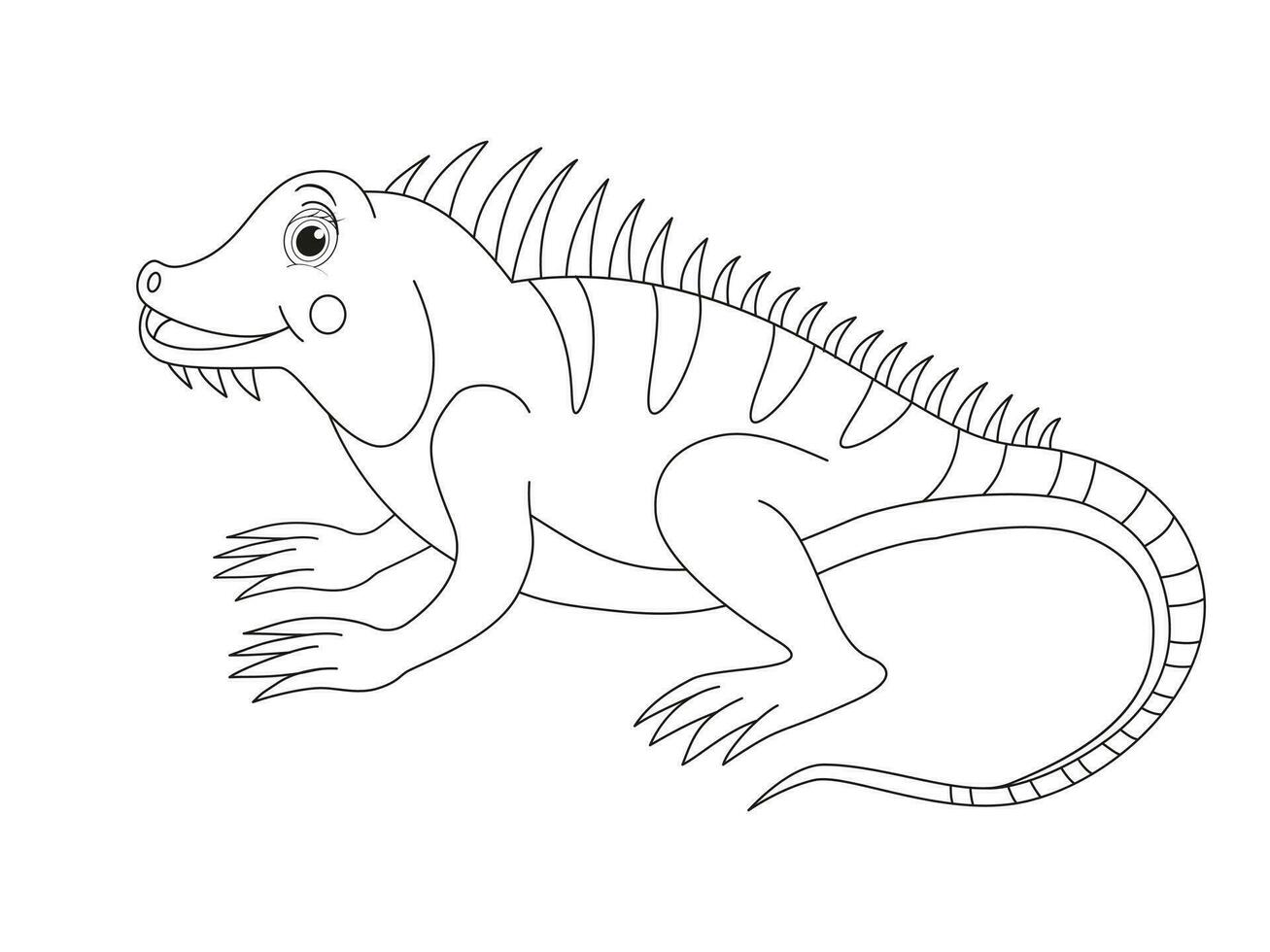 Vector illustration of iguana isolated on white background. For kids coloring book. Cute iguana sits and smiles.