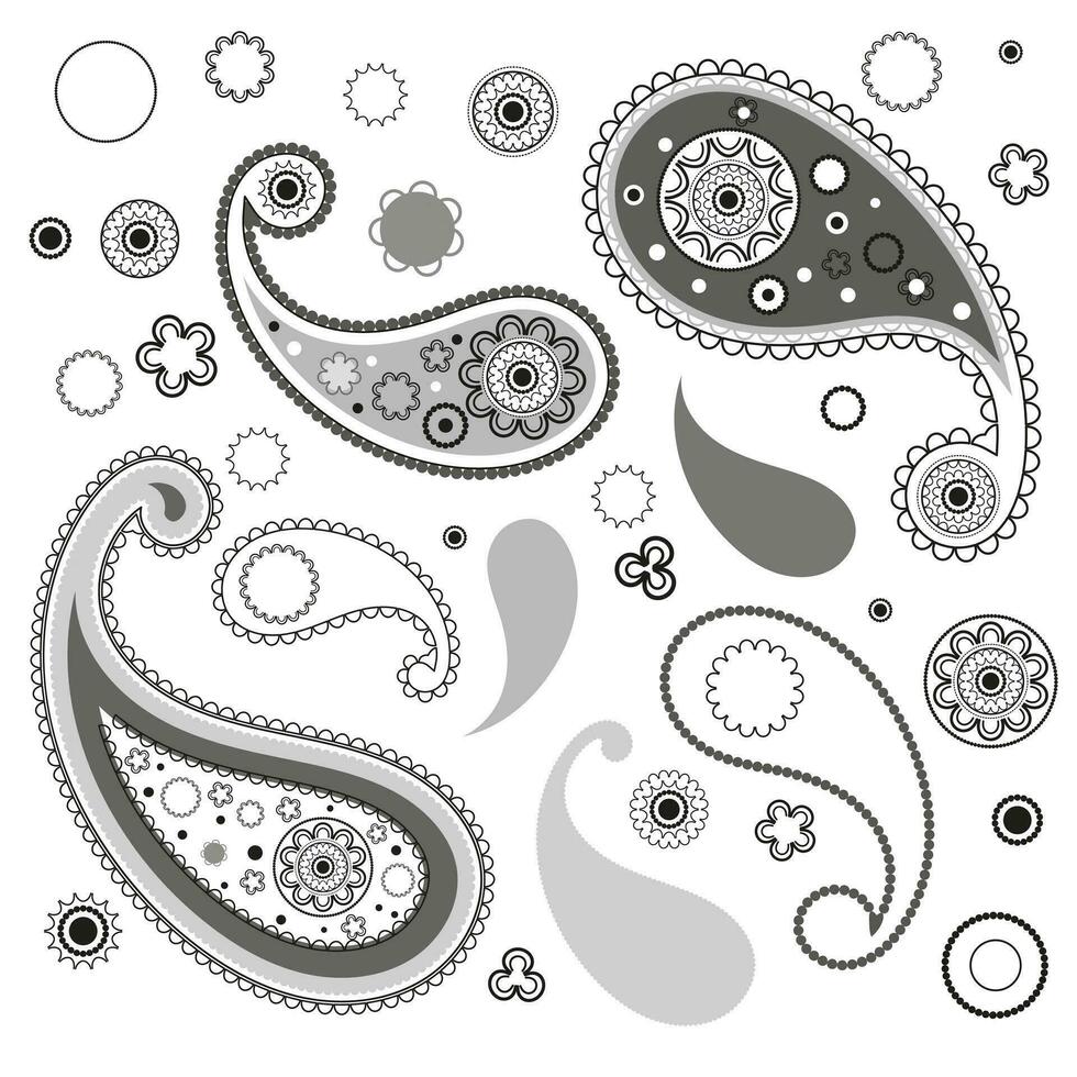 Set of vector paisley materials on white background.